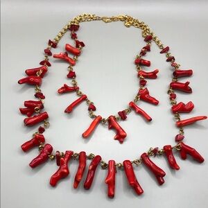 Tanner red coral bamboo layered statement gold chain long necklace vintage.